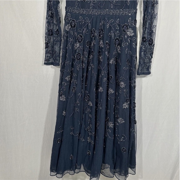 NEW $598 Mac Duggal [ 4‎ ] Beaded Floral Long Sleeve Midi Dress Navy Blue - Picture 7 of 13